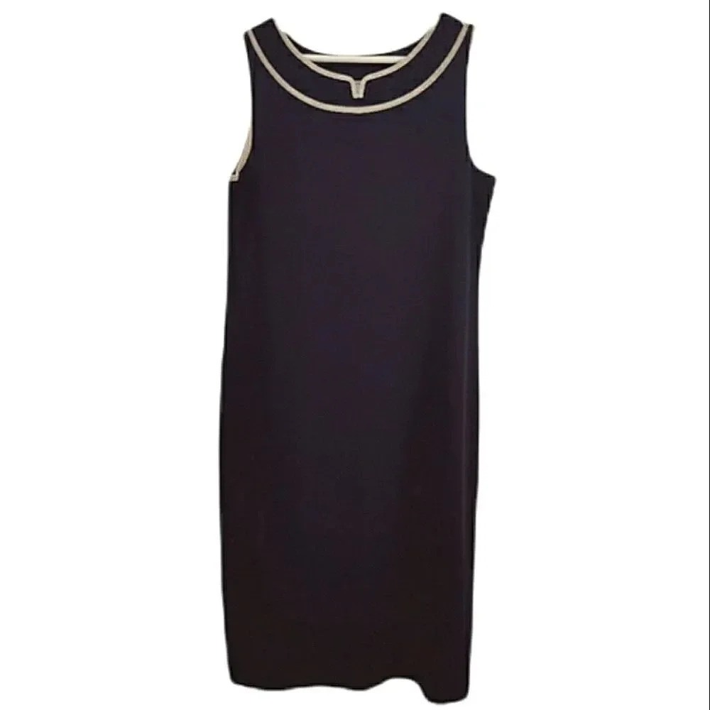 Misook luxury knit black sheath dress with gold neckline accents size small